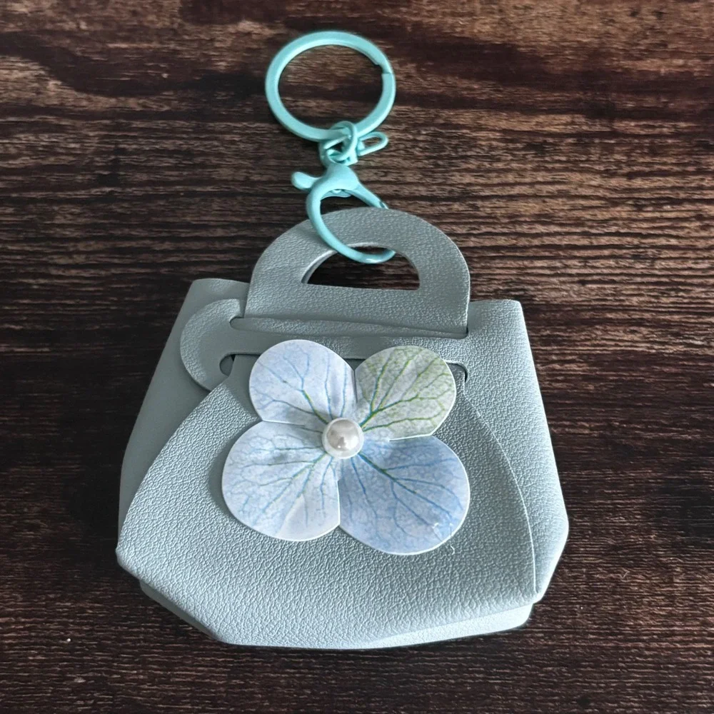 Green Blue Mini Handbag Keychain with Floral Pearl Detail Pouch Accessory